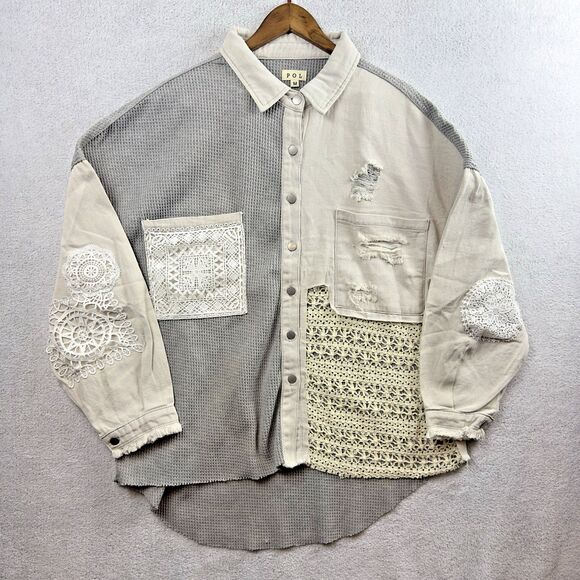 POL Distressed Patchwork Lace Medium Waffle Knit Shacket Gray Boho Jacket NWOT - Picture 1 of 8